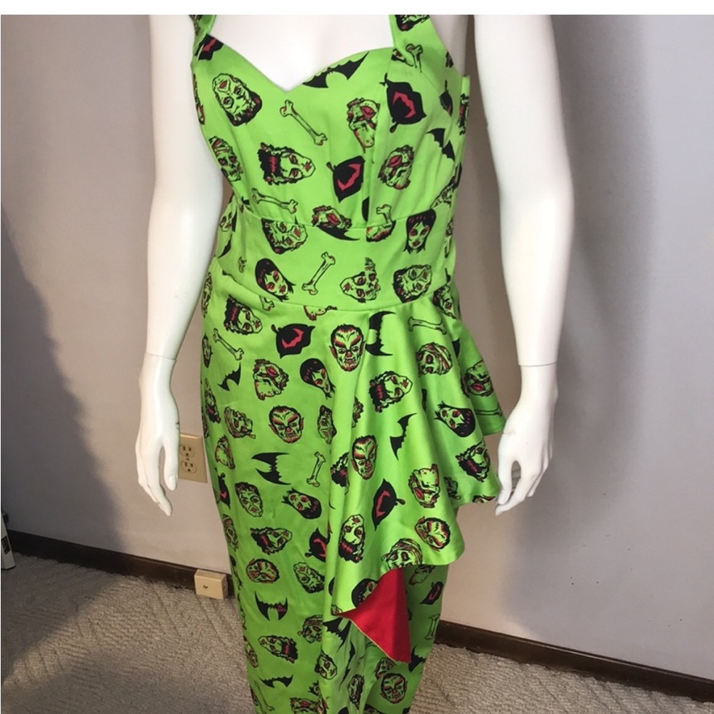 Pinup Couture Neon Green Horror Print Midi Dress with Red Accent